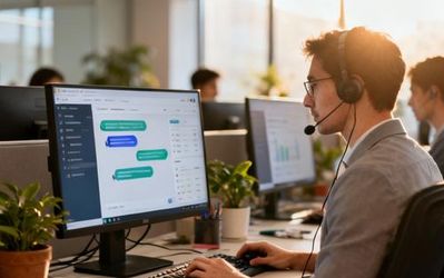 Operations team members analyzing customer engagement metrics on multiple screens