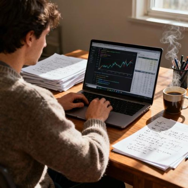 Researcher collaborating with AI tools on laptop showing code and data analysis results