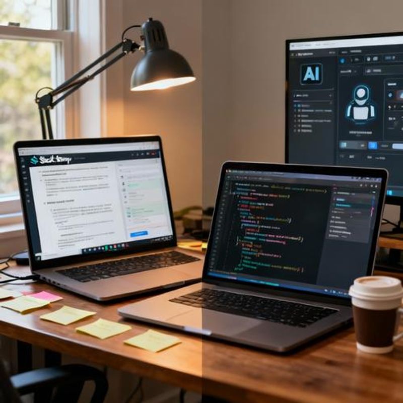 Split screen comparison showing traditional coding vs AI-assisted coding workflow