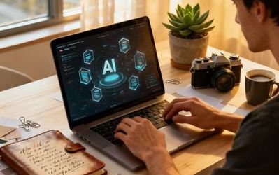 Content creator using AI tools on laptop with creative workspace setup