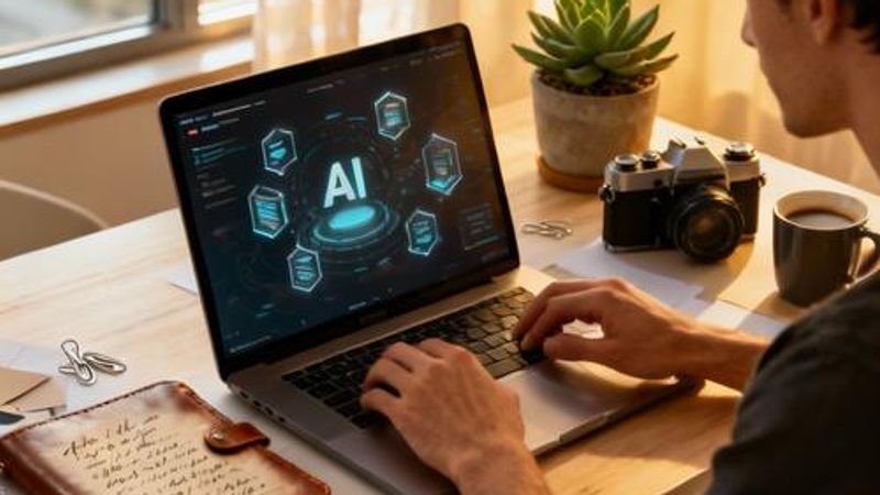 Content creator using AI tools on laptop with creative workspace setup
