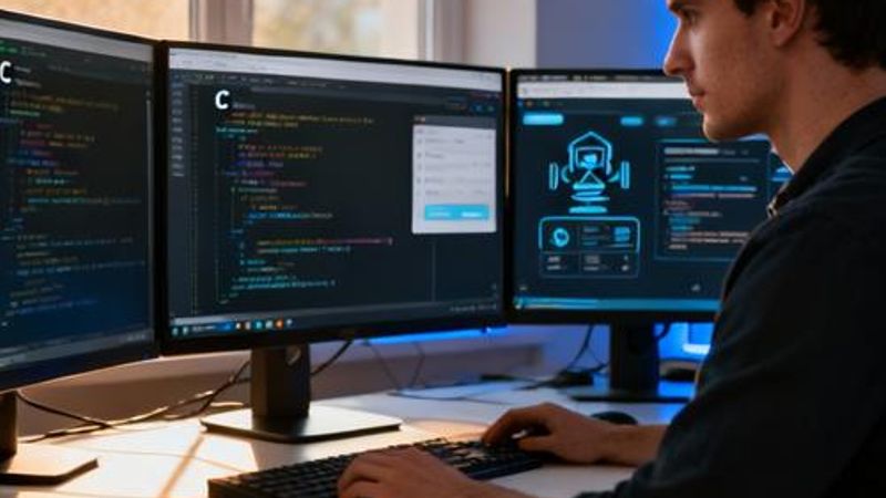 Developer using AI coding tools on multiple monitors