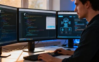 Developer using AI coding tools on multiple monitors