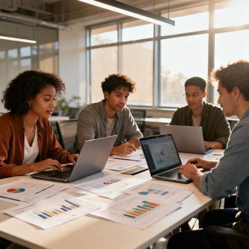 Research team discussing AI implementation strategy around conference table with laptops and documents