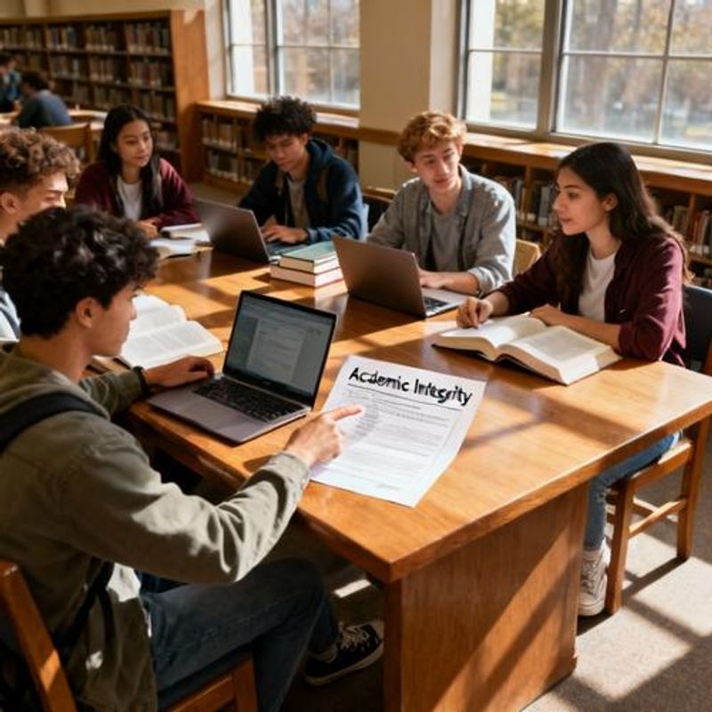 Students discussing ethical AI use in a campus library setting