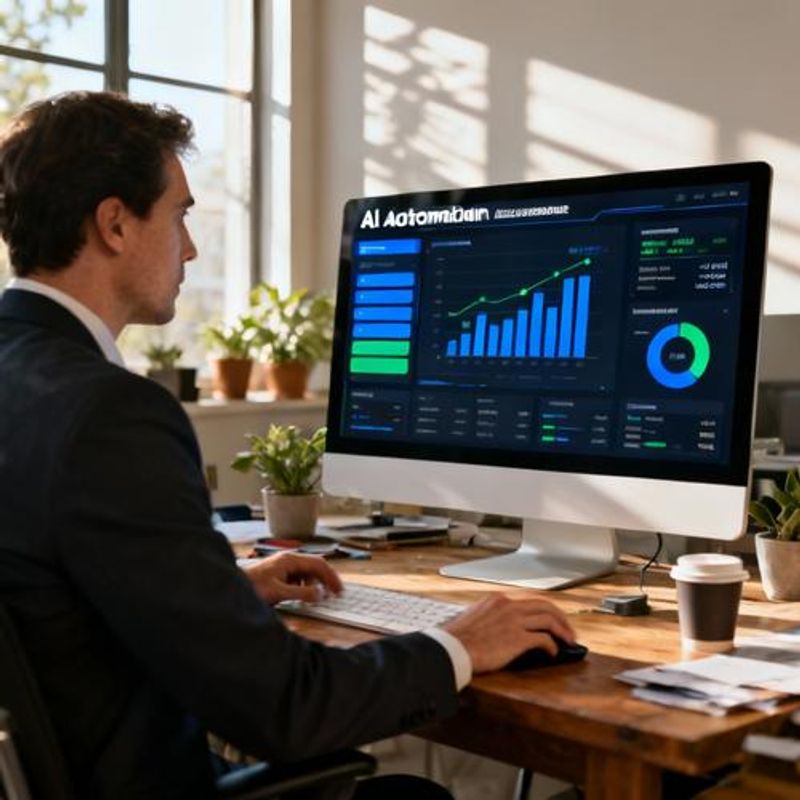 Operations manager reviewing AI automation dashboard with workflow charts