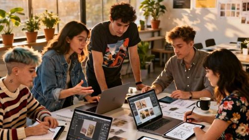 Content creators collaborating on AI tools in a modern workspace
