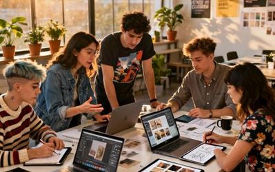 Content creators collaborating on AI tools in a modern workspace