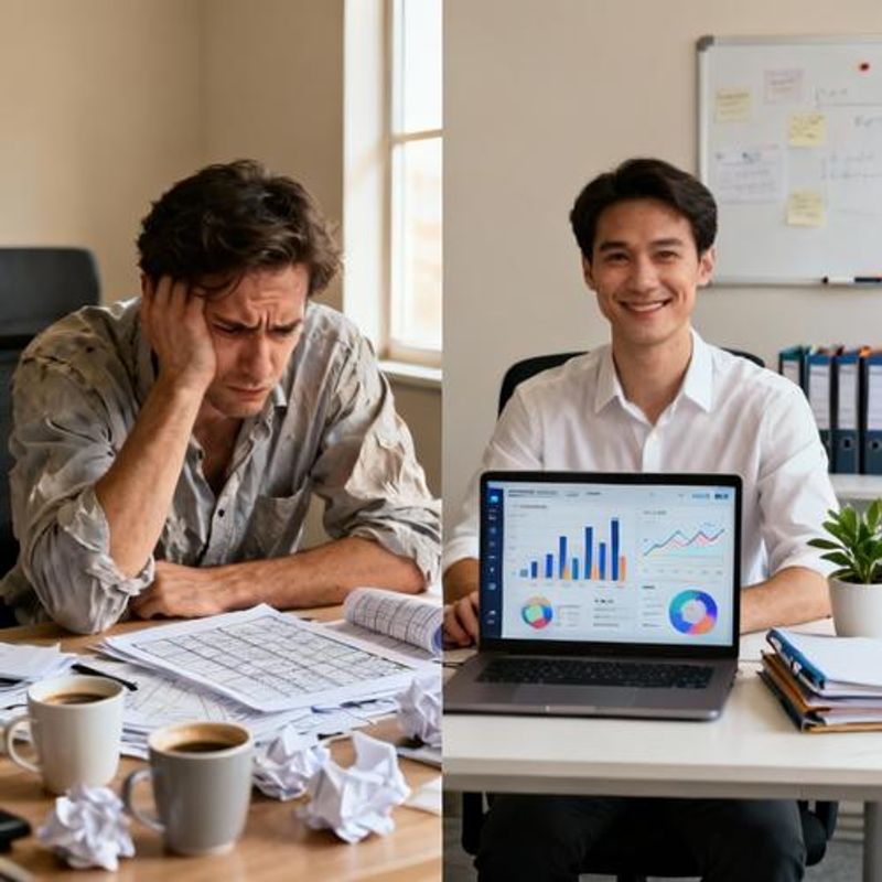 Split screen showing traditional data analysis vs AI-powered analysis workflow