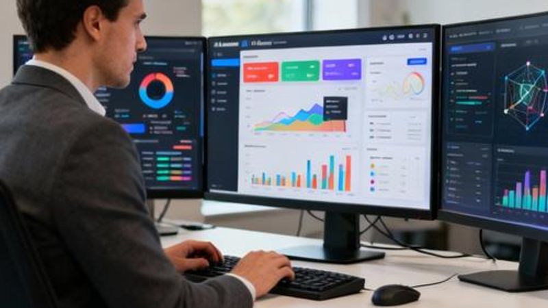 Data analyst working with AI platform dashboard showing analytics charts and machine learning models