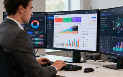 Data analyst working with AI platform dashboard showing analytics charts and machine learning models