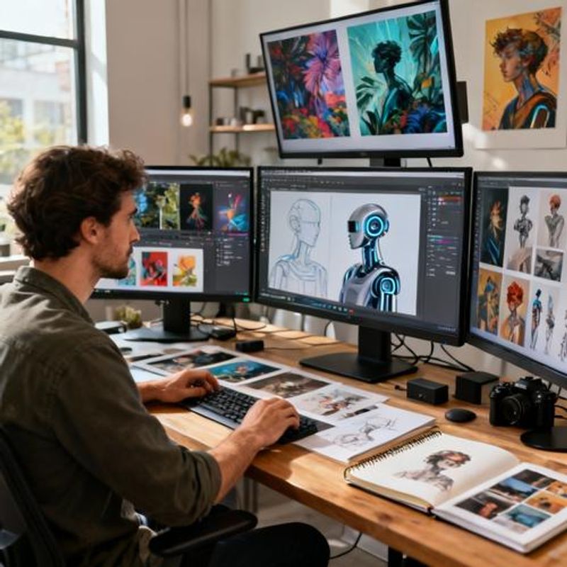 Content creator analyzing and organizing AI-generated artwork on multiple displays