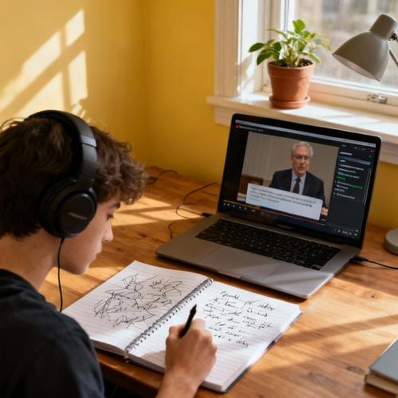 Student taking notes while using AI transcription tool during online lecture