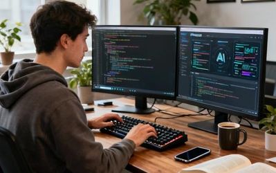 Developer working on AI platform integration at modern workstation