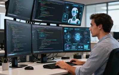 Professional programmer working with AI development tools on multiple monitors