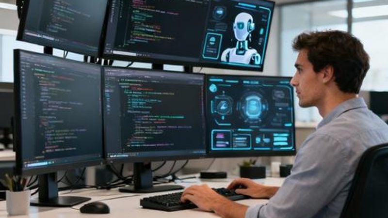 Professional programmer working with AI development tools on multiple monitors