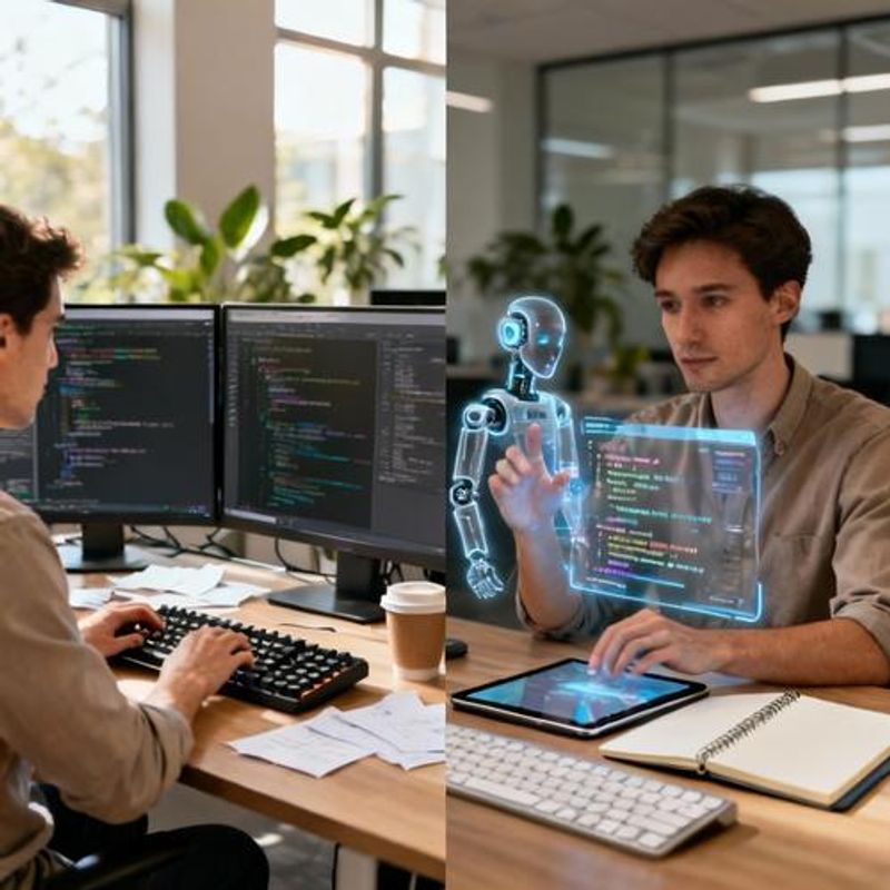 Side-by-side comparison of traditional coding vs AI-assisted development workflow