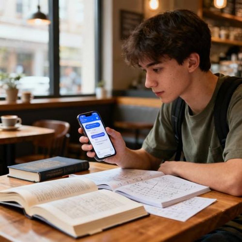 Student using smartphone AI chat app while studying in coffee shop