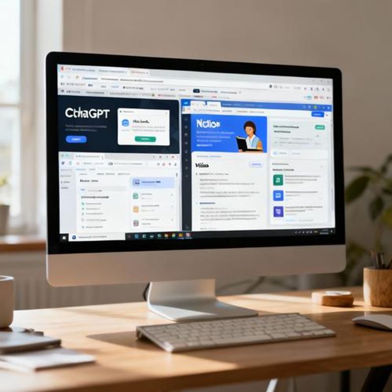 Split screen showing various AI tools interfaces on computer monitor