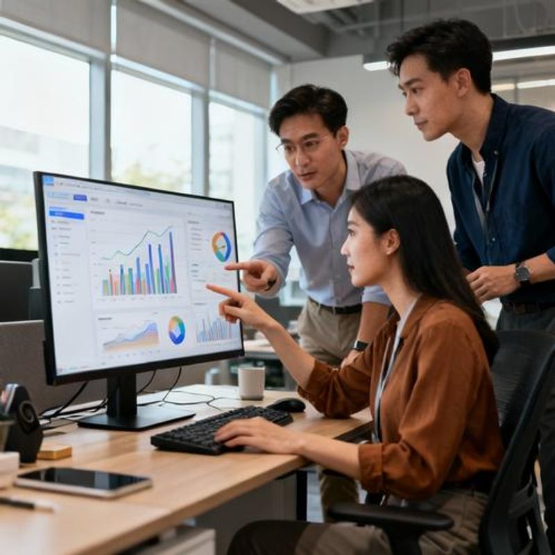 Team of data analysts collaborating while reviewing AI tool outputs on shared screen