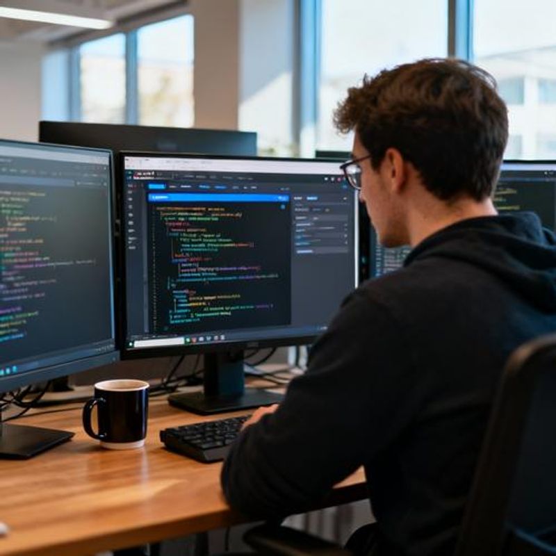 Developer reviewing AI-generated code on multiple screens