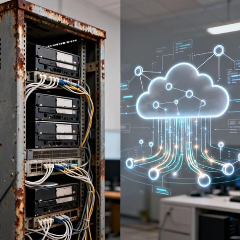 Comparison of old server architecture versus modern cloud-based AI infrastructure