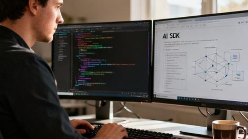 Developer working with AI SDK code on multiple monitors showing generative AI integration