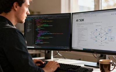 Developer working with AI SDK code on multiple monitors showing generative AI integration