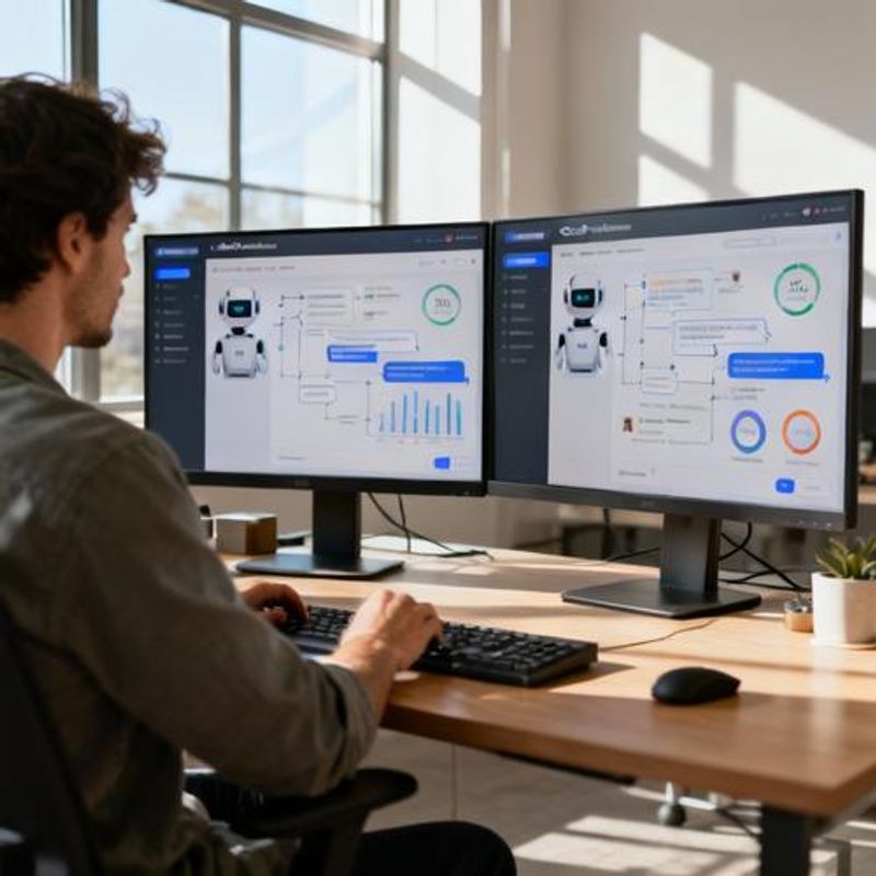 Content creator reviewing chatbot analytics and engagement metrics on multiple screens