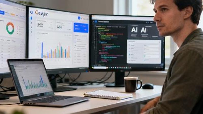 Data analyst working with Google AI tools on multiple monitors showing analytics dashboards
