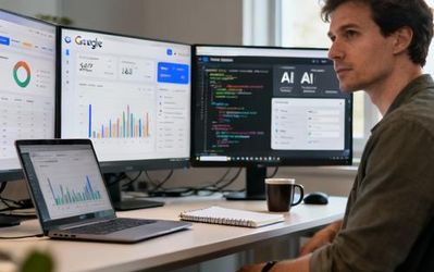 Data analyst working with Google AI tools on multiple monitors showing analytics dashboards