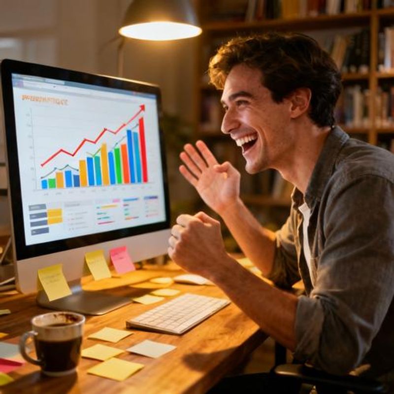 Content creator celebrating successful campaign with analytics dashboard showing growth