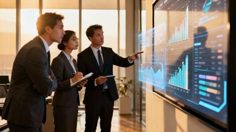 Business executives reviewing AI analytics dashboard in modern office
