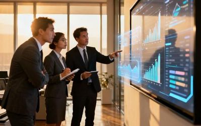 Business executives reviewing AI analytics dashboard in modern office