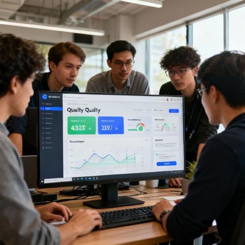 Development team collaborating with AI tools dashboard showing code quality metrics and suggestions