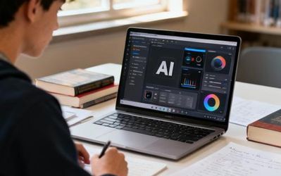 Student using AI tools on laptop in modern study environment