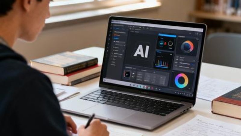 Student using AI tools on laptop in modern study environment