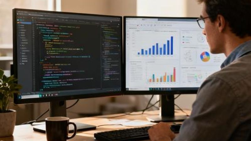 Data analyst working with AI algorithm generator on multiple monitors showing code and data visualizations