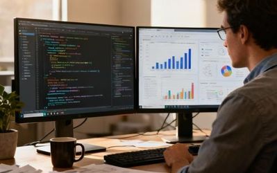 Data analyst working with AI algorithm generator on multiple monitors showing code and data visualizations