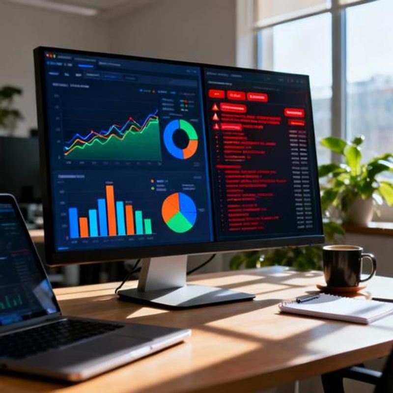 Split screen showing data visualization dashboard and error monitoring interface