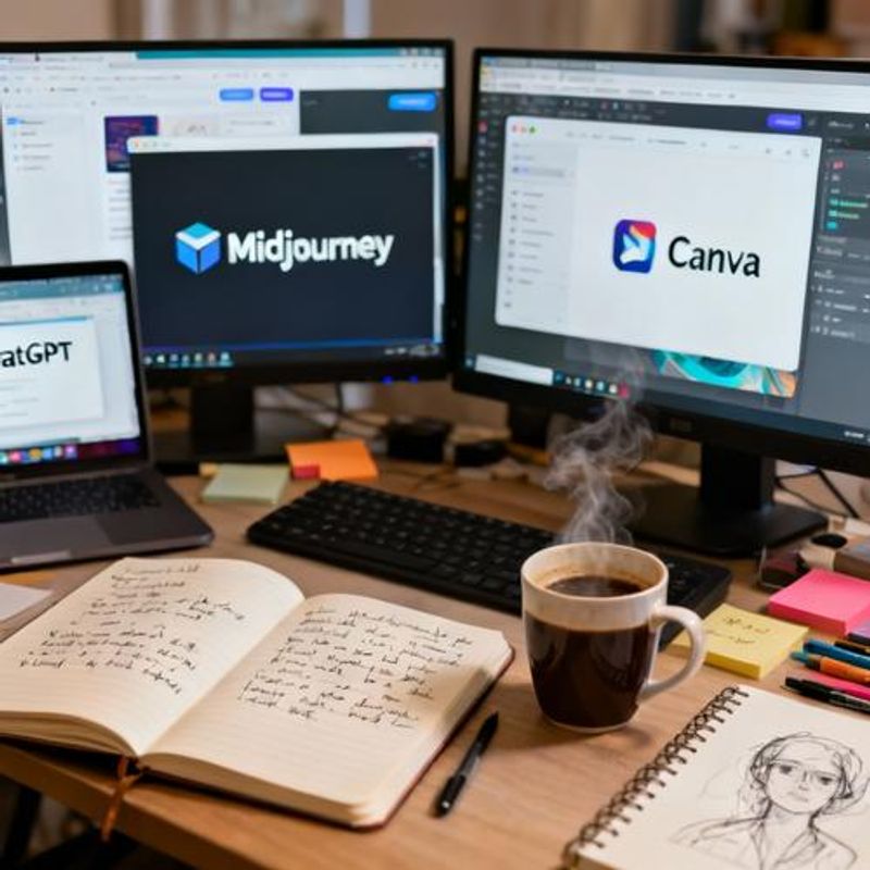 AI-powered content creation tools displayed on multiple screens