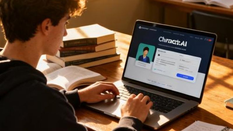 Student using Character.AI on laptop for studying and creative writing