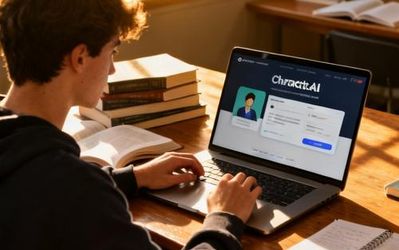 Student using Character.AI on laptop for studying and creative writing