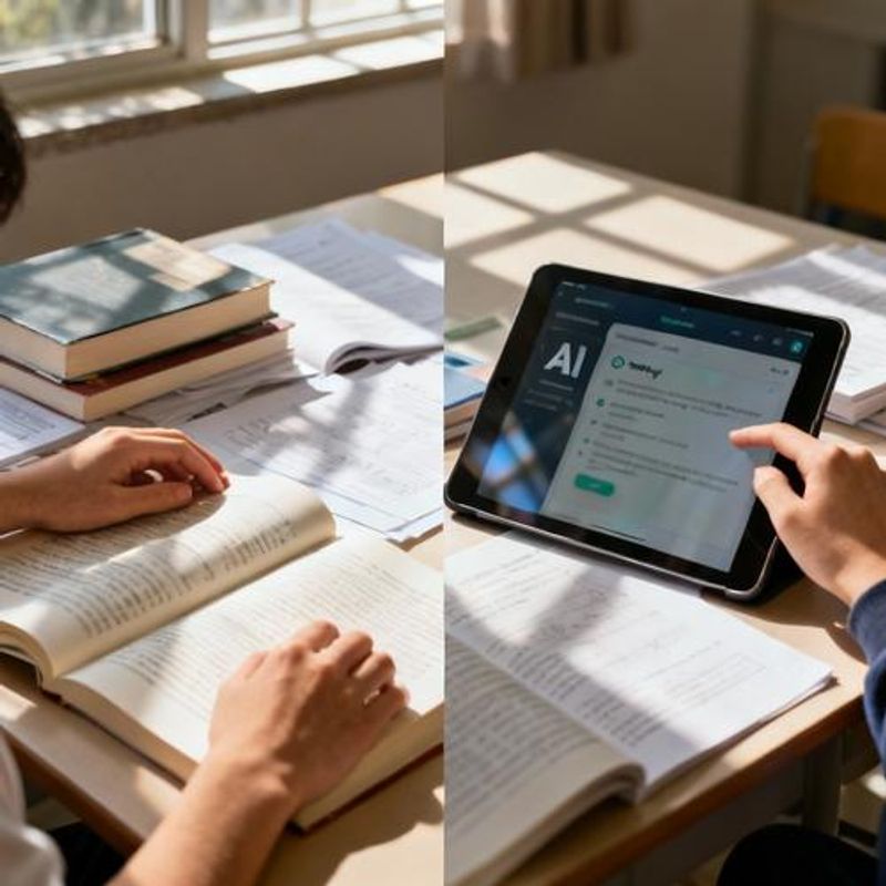 Student comparing traditional study methods with AI-powered learning