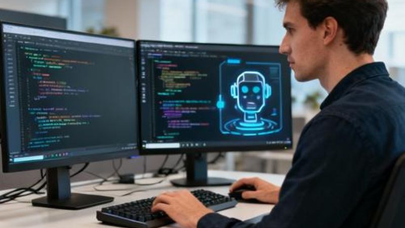 Developer working with AI coding assistant on multiple monitors