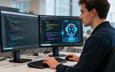 Developer working with AI coding assistant on multiple monitors