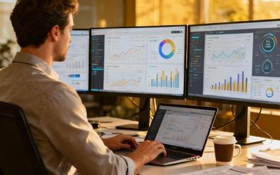 Data analyst using AI tools on multiple monitors with charts and graphs