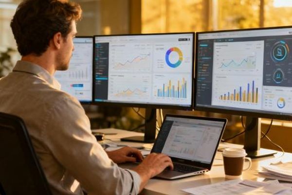 Data analyst using AI tools on multiple monitors with charts and graphs