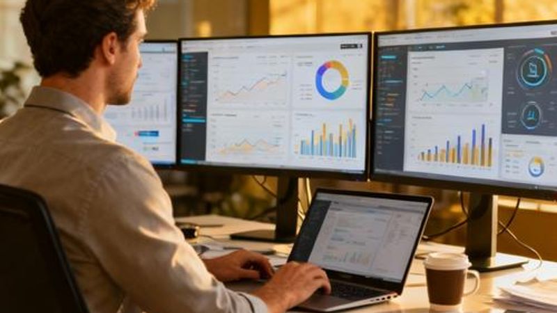 Data analyst using AI tools on multiple monitors with charts and graphs
