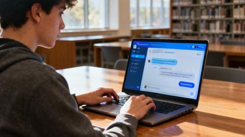 Student using AI chat website on laptop in modern library setting